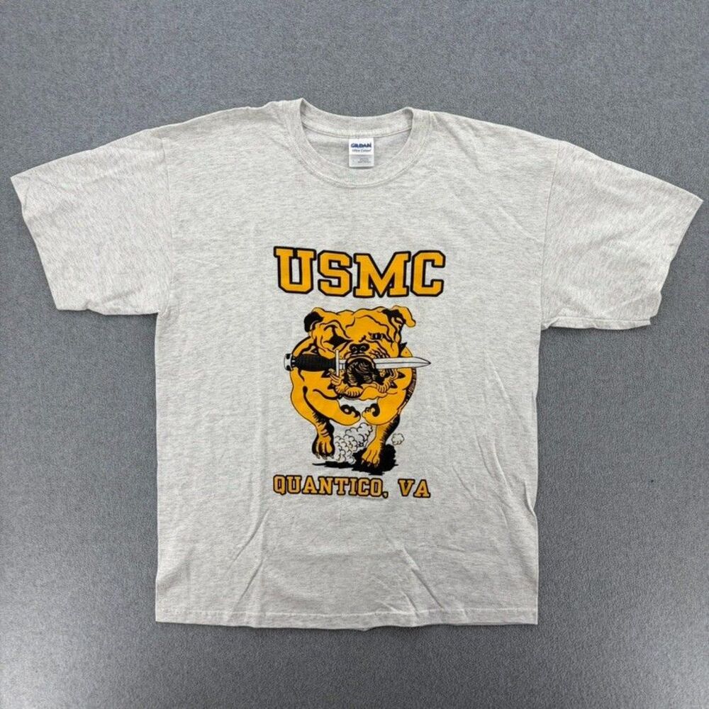 USMC Quantico VA Bulldog Knife Graphic T Shirt Large Military Marine Corps Gray